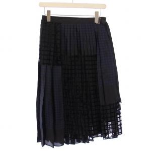 ラップスカート 巻き プリーツ フレア ミモレ ロング チェック柄 ベロア 切替 1 黒 ブラック 紺