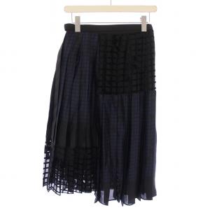 sacai ラップスカート 巻き プリーツ フレア ミモレ ロング チェック柄 ベロア 切替 1 黒 ブラック 紺