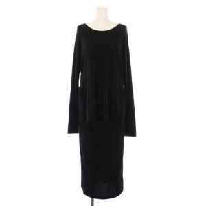ワンピース ミモレ ロング 長袖 クルーネック ストレッチ 無地 S 黒 ブラック /BB