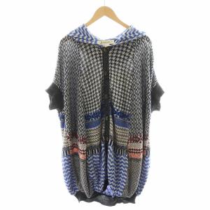 カーディガン ロング丈 5分袖 フード 総柄 コットン 1 青 ブルー 黒 ブラック /AN41