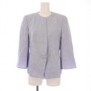 ノーカラージャケット アウター ショート丈 麻 リネン ウール混 IT40 青 ブルー /BB