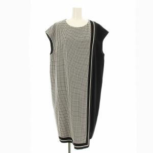 ワンピース ミモレ ロング フレンチスリーブ 格子柄 44 黒 ブラック 白 ホワイト OPWWLA0821