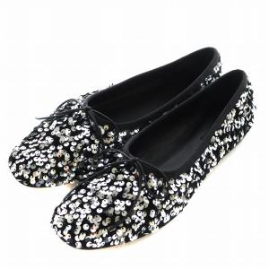 SUNNY バレエシューズ リボン スパンコール ベロア レザー 38 黒 ブラック PS24-1501