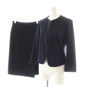 セットアップ スーツ ノーカラージャケット フレアスカート ひざ丈 34 紺 ネイビー 11-07-91-07735