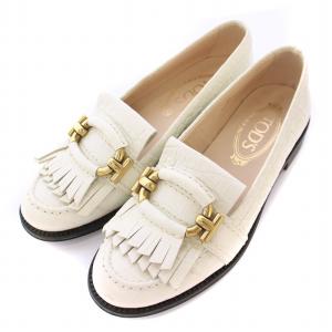 Tリング ローファー ローヒール フリンジ レザー 35 白 ホワイト /BB