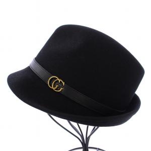 GUCCI 中折れ帽子 ハット ラビットファー 牛革 レザー ロゴ M 黒 ブラック /BB OH