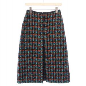 ジャカード ボックス フレアスカート ミモレ ロング チェック柄 ウール混 シルク 36 マルチカラー