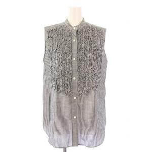 SLABフリルノースリーブシャツ ブラウス バンドカラー ストライプ柄 麻 リネン混 F グレー 1516-162-1477