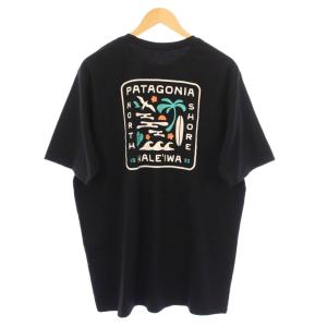 ハレイワプリントTシャツ 半袖 クルーネック ロゴ ストレッチ L 黒 ブラック /BB