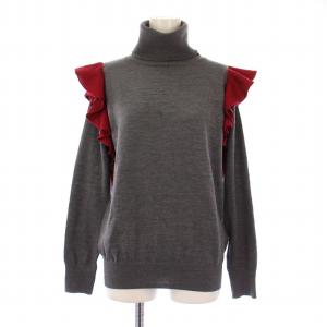 ニット セーター 長袖 タートルネック フリル ウール 2 グレー 赤 レッド /BB