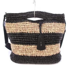 agnes b. 2WAY ショルダーバッグ ハンドバッグ 編み込み 牛革 ボーダー柄 ロゴチャーム 黒 ブラック ピンクベージュ