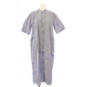 ムラ染めシャツ ワンピース ミモレ ロング 半袖 バンドカラー ストライプ柄 M 紺 ネイビー 白 ホワイト