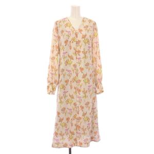 フレアワンピース ミモレ ロング 長袖 Vネック リボン 花柄 40 ピンク マルチカラー /BB