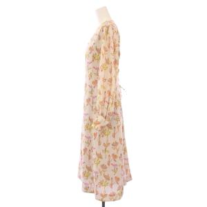 PS Paul Smith フレアワンピース ミモレ ロング 長袖 Vネック リボン 花柄 40 ピンク マルチカラー /BB