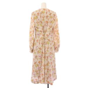 PS Paul Smith フレアワンピース ミモレ ロング 長袖 Vネック リボン 花柄 40 ピンク マルチカラー /BB