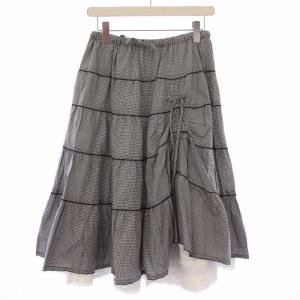 フレアスカート ギャザー イージー ミモレ ロング ウエストゴム リボン フリル チェック柄 F 黒 ブラック