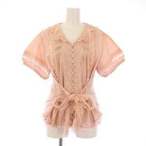 シャツ ブラウス 半袖 オープンカラー レース リボン F ピンク /BB