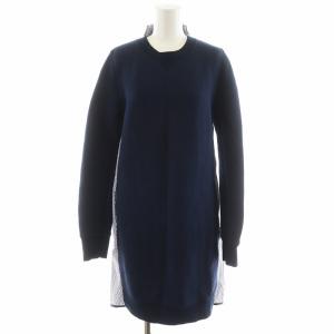 ワンピース ひざ丈 長袖 前後切替 ストライプ柄 3 紺 ネイビー 15AWLU1039 /AN36