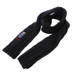 マフラー ニット 編み込み ストレッチ ベア 刺繍 ウール混 黒 ブラック /BB