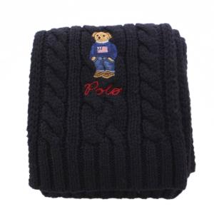 POLO RALPH LAUREN マフラー ニット 編み込み ストレッチ ベア 刺繍 ウール混 黒 ブラック /BB