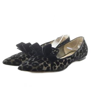 パンプス ポインテッドトゥ リボン アニマル柄 ベロア 34.5 黒 ブラック /AN15