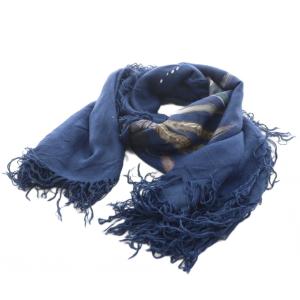 ストール フリンジ 狼柄 ウルフ柄 モダール カシミヤ混 紺 ネイビー /AN21