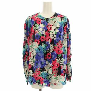 シルク シャツ ブラウス 長袖 花柄 M 黒 ピンク 青 /G