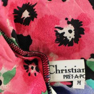 Christian Dior シルク シャツ ブラウス 長袖 花柄 M 黒 ピンク 青 /G
