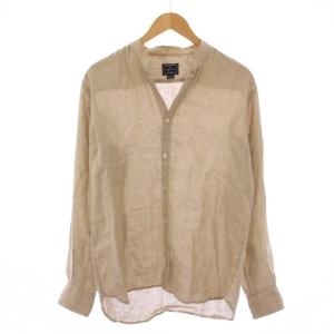 Slim Fit シャツ 長袖 スキッパーネック リネン L ベージュ /BM