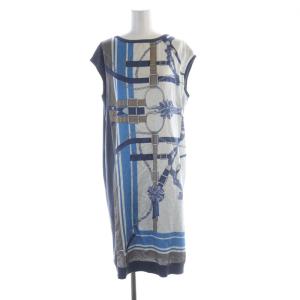 ワンピース ひざ丈 ノースリーブ 総柄 切替 L 青 ブルー 白 ホワイト 12961-05680 /RO