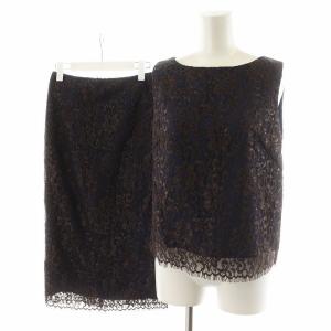 セットアップ シャツ ブラウス ノースリーブ タイトスカート ロング丈 レース 刺繍 36 紺 ネイビー