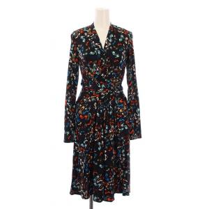 ラップワンピース 巻き ひざ丈 長袖 Vネック ストレッチ 総柄 シルク UK6 黒 ブラック マルチカラー