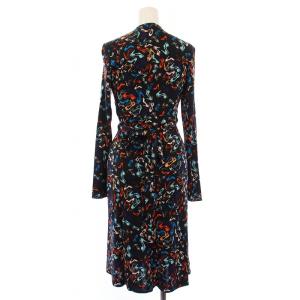 ISSA LONDON ラップワンピース 巻き ひざ丈 長袖 Vネック ストレッチ 総柄 シルク UK6 黒 ブラック マルチカラー