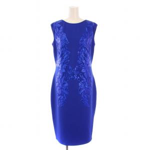 タイトワンピース ひざ丈 ノースリーブ クルーネック ストレッチ スパンコール 装飾 S 青 ブルー /BB