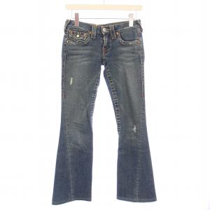JOEY ジョーイ デニムパンツ ジーンズ フレア ジップフライ ダメージ加工 ロゴパッチ W25 青