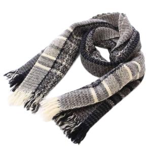 マフラー フリンジ ウール チェック柄 黒 ブラック 白 ホワイト /BB