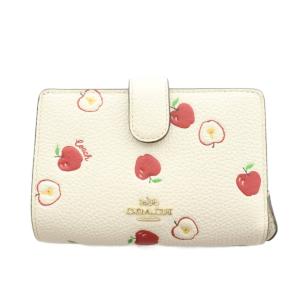 二つ折り財布 総柄 りんごモチーフ アップル柄 レザー アイボリー /NQ