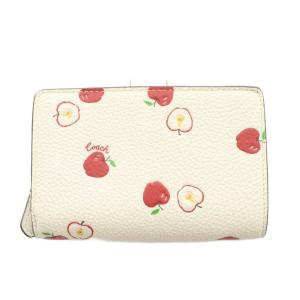 COACH 二つ折り財布 総柄 りんごモチーフ アップル柄 レザー アイボリー /NQ
