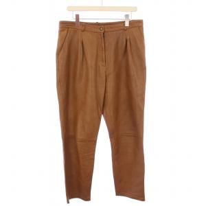 テーパードパンツ タック レザー 羊革 ジップフライ ストレッチ 48 茶 ブラウン /BB