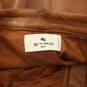 ETRO テーパードパンツ タック レザー 羊革 ジップフライ ストレッチ 48 茶 ブラウン /BB