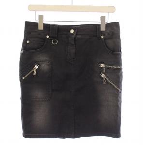デニムスカート タイト ひざ丈 ジップフライ スリット USED加工 ロゴパッチ 28/42 黒 ブラック