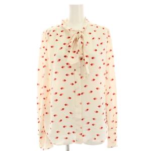 FEMME リップボウタイブラウス シャツ リボン 長袖 絹 シルク 総柄 XS 赤 レッド ピンク 21-2-008524