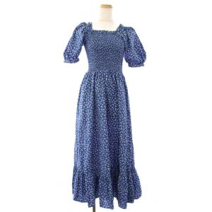 フローラル スモックド コットン ドレス ワンピース ロング 花柄 S 青 7Q181VL /TK