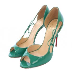 パンプス オープントゥ アーモンドトゥ ピンヒール リボン エナメル 37 緑 グリーン /BB