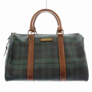 ミニボストンバッグ ハンドバッグ チェック柄 PVCレザー ネームタグ付き 緑 グリーン 紺 ネイビー