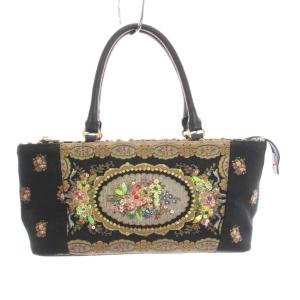 ハンドバッグ 刺繍 花柄 ビーズ装飾 黒 /YM