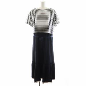 コットンソロハイゲージポンチワンピース ロング丈 レイヤード ボーダー柄 38 紺 ネイビー 白 ホワイト