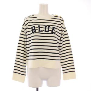 プレッピーロゴニット 長袖 クルーネック ストレッチ ボーダー柄 38 白 ホワイト 紺 ネイビー タグ付き