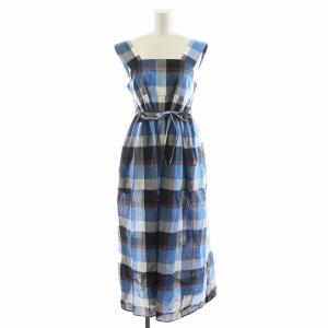 コットンリネンチェックドレス ワンピース ロング丈 ノースリーブ 麻 38 青 ブルー 55J22-545-25
