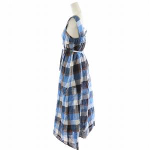 BLUE LABEL CRESTBRIDGE コットンリネンチェックドレス ワンピース ロング丈 ノースリーブ 麻 38 青 ブルー 55J22-545-25